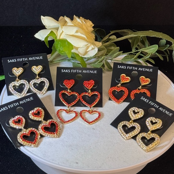 Saks Fifth Avenue Gold Tone Dangling Heart  Red Crystal Post Earrings 1.5in - Picture 6 of 12